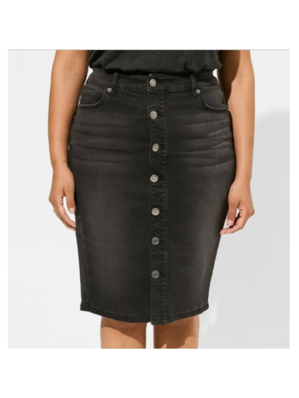 Torrid Black Denim Button Front Pencil Midi Skirt Stretch Size 30